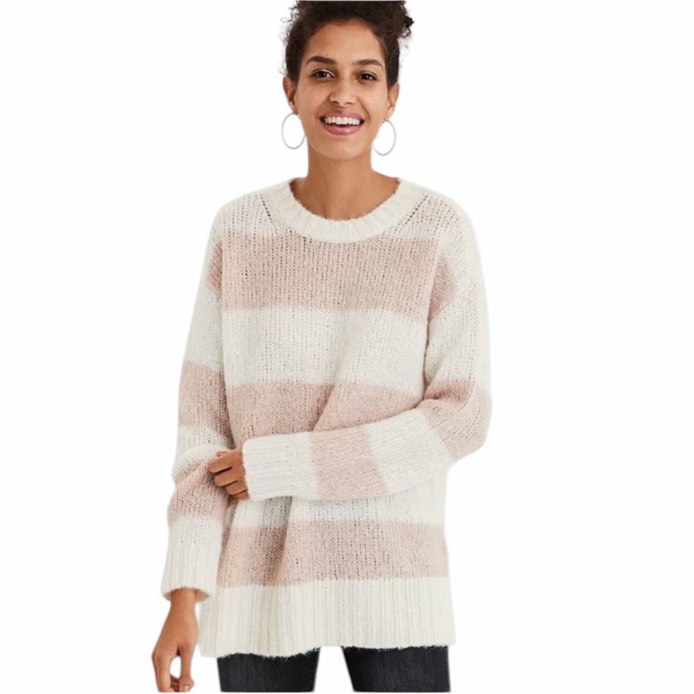 American Eagle Pink & Cream Striped Jegging Fit Pullover Crew Neck Sweater - XS